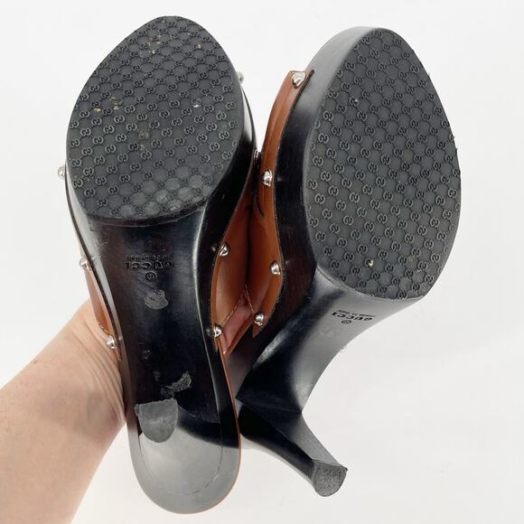 Gucci Cognac Brown Leather Icon Bit Platform Clog High Heel Slide Sandal EU 39.5 - Picture 11 of 12